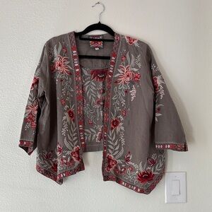 Johnny Was Gray Jacket with Red Floral Embroidery
